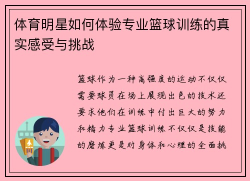 体育明星如何体验专业篮球训练的真实感受与挑战